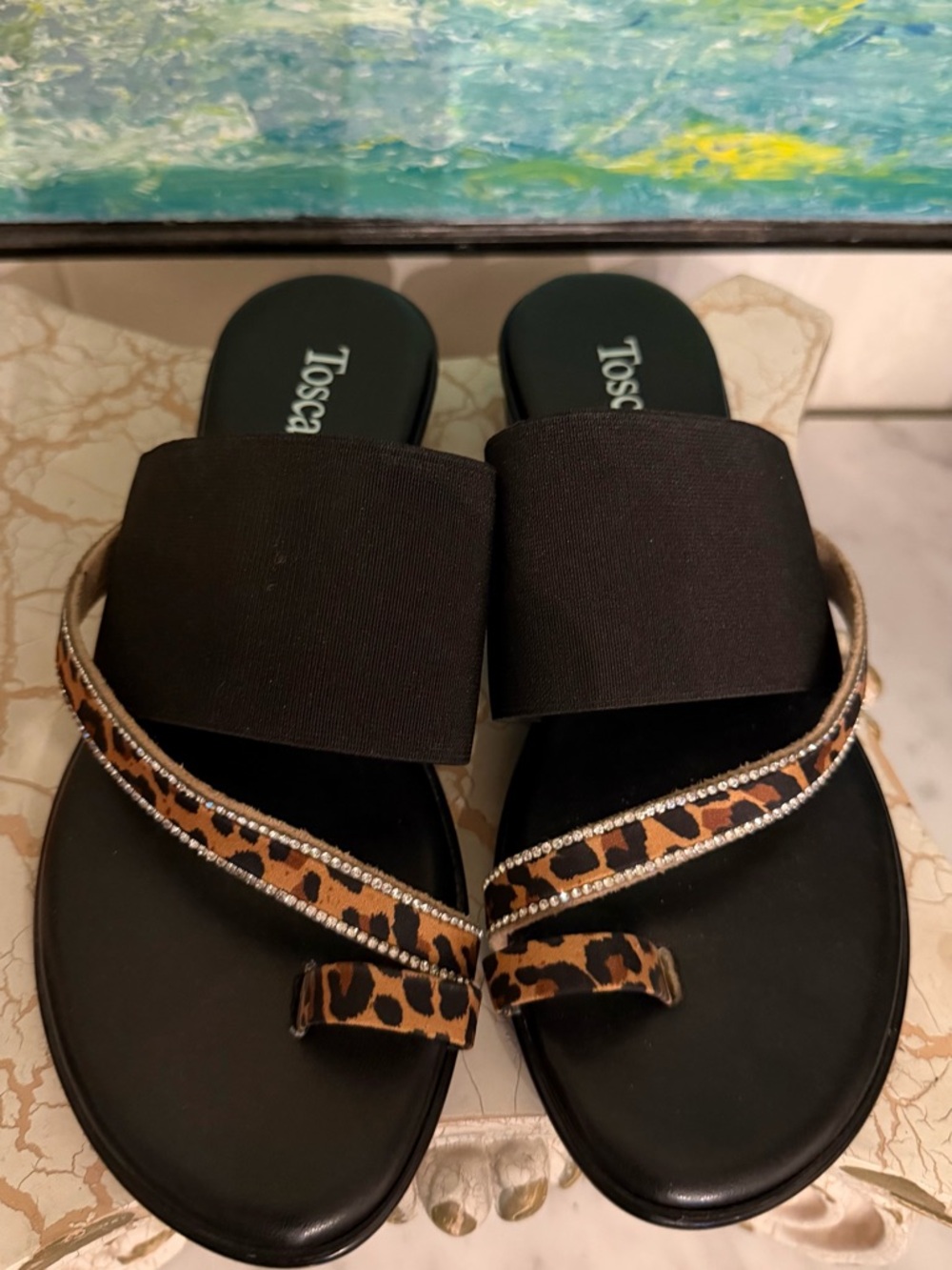 Toscanella Black Slide Sandals with Leopard-Print and Crystal Trim